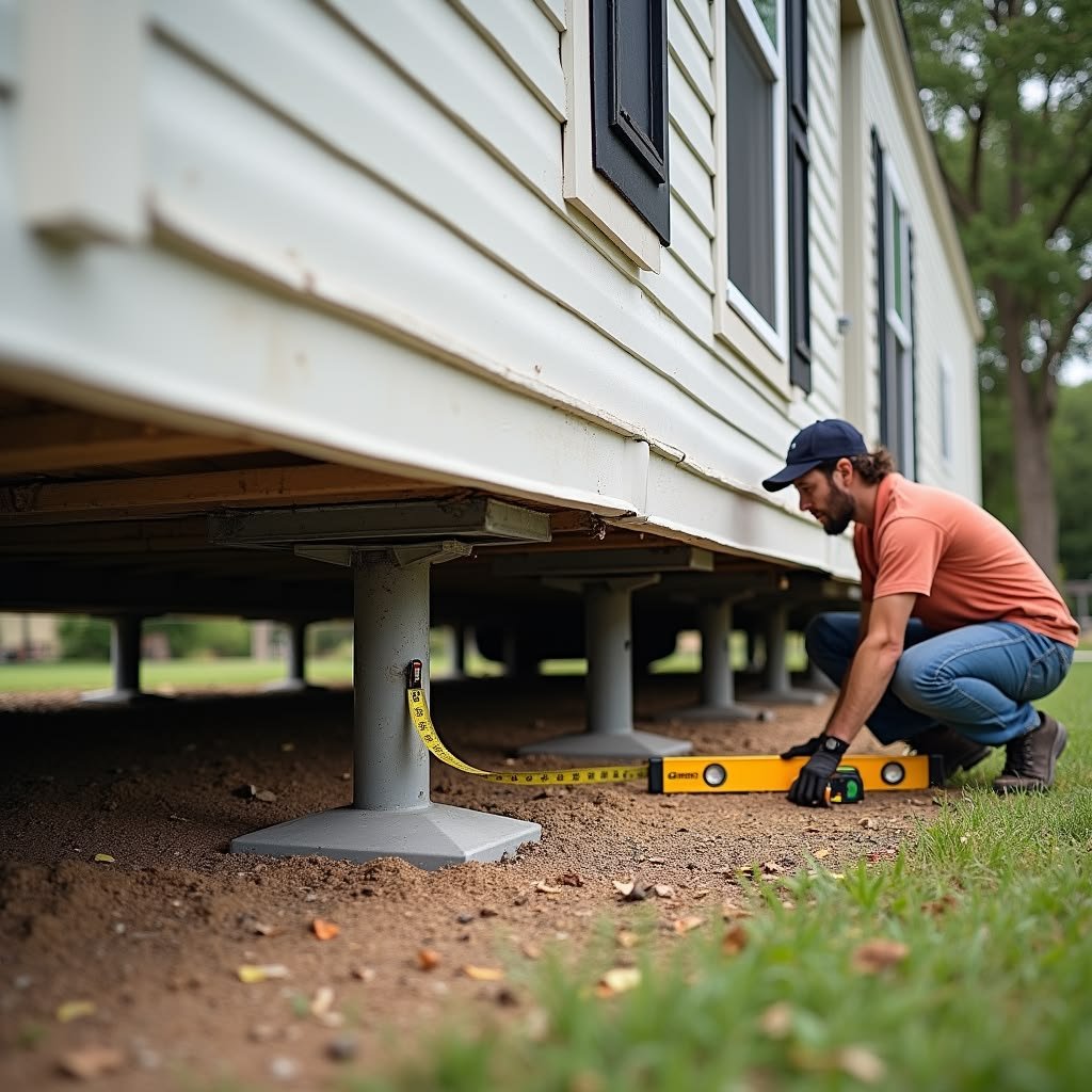 Mobile home being blocked, leveled, and anchored during setup by Dream Home Mover